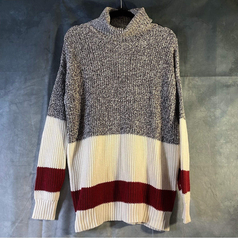 Cable Knit Turtleneck Colorblock Oversized Boxy Sweater Sz‎ XL Sock Monkey Style